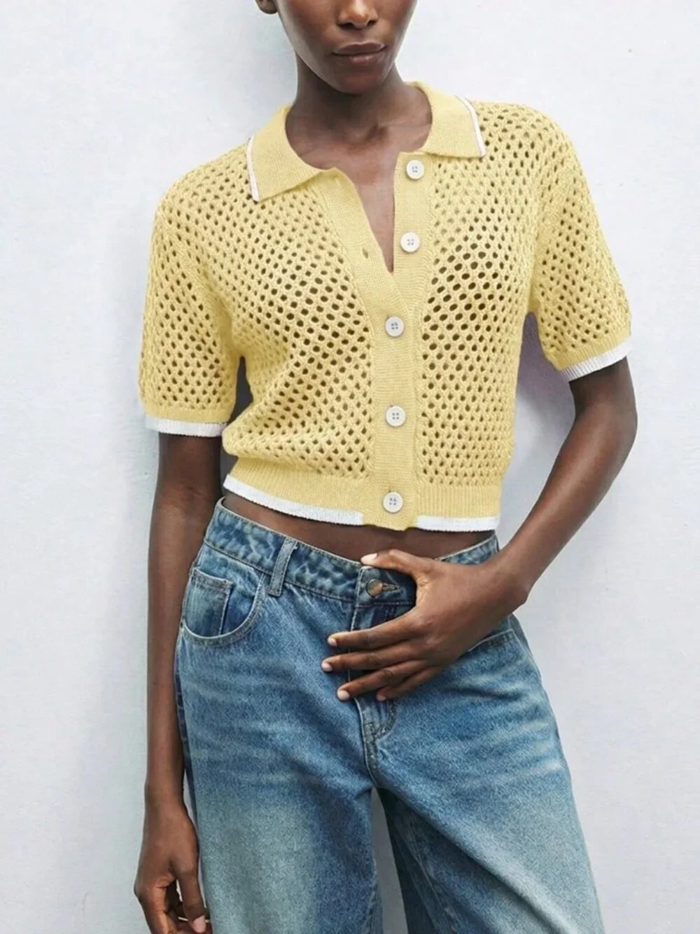 Yellow Casual Women's Knit Short Sleeve Lightweight Cardigan